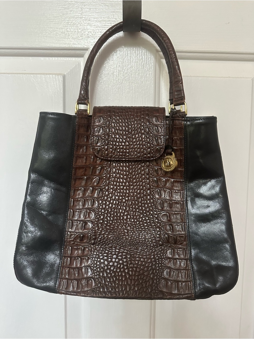 Brahmin Croc-Textured Brown and Black Top-Handle Satchel